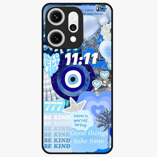 Aesthetic Be Kind Eye Glass Case showing flat back view with motivational eye artwork and glossy glass finish.