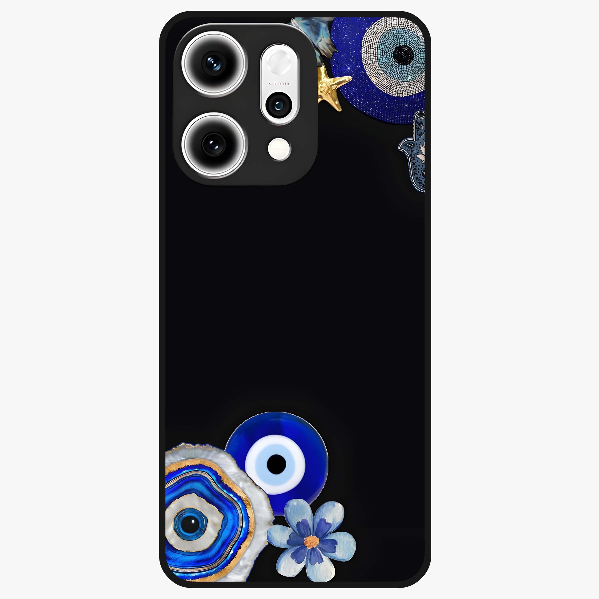 Aesthetic Blue Evil Eye Glass Case showing flat back view with protective evil eye artwork and glossy glass finish.