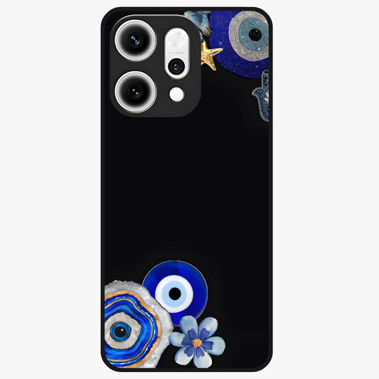 Aesthetic Blue Evil Eye Glass Case showing flat back view with protective evil eye artwork and glossy glass finish.