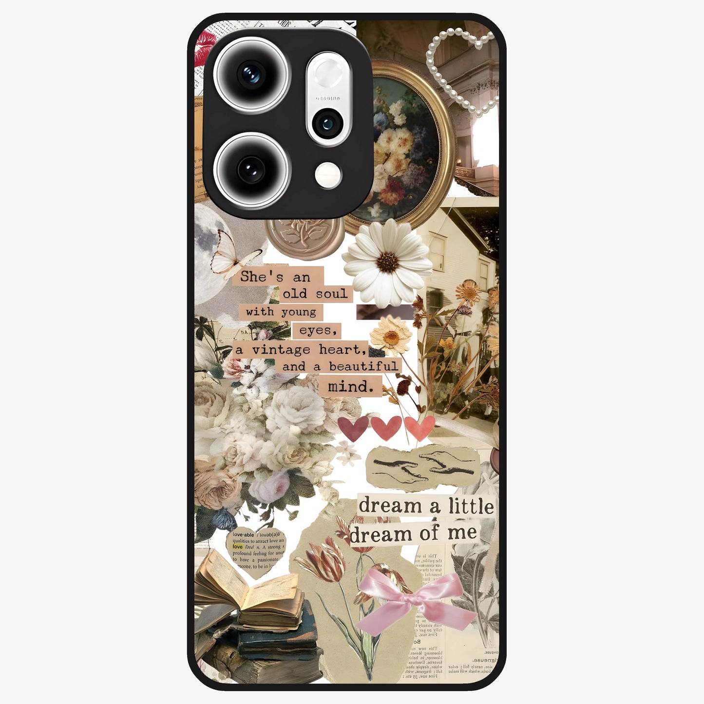 Aesthetic Brown Vintage Collage Glass Case showing flat back view with retro collage artwork and glossy glass finish.