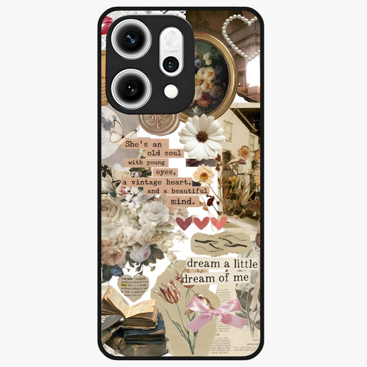 Aesthetic Brown Vintage Collage Glass Case showing flat back view with retro collage artwork and glossy glass finish.