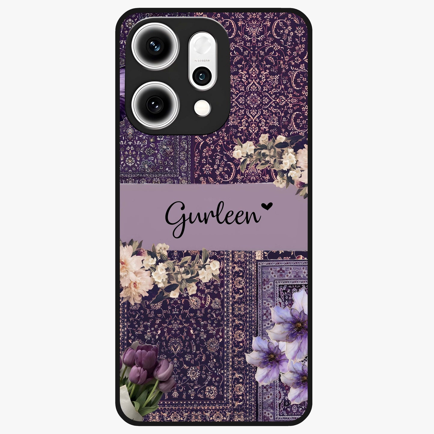 Antique Floral Whisper Custom Name Glass Case showing flat back view with vintage floral artwork and personalized name design.
