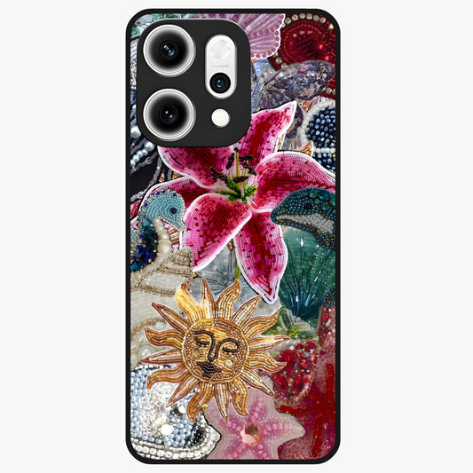 Beaded Garden Fantasy Glass Case showing flat back view with dreamy garden bead artwork and glossy glass finish.