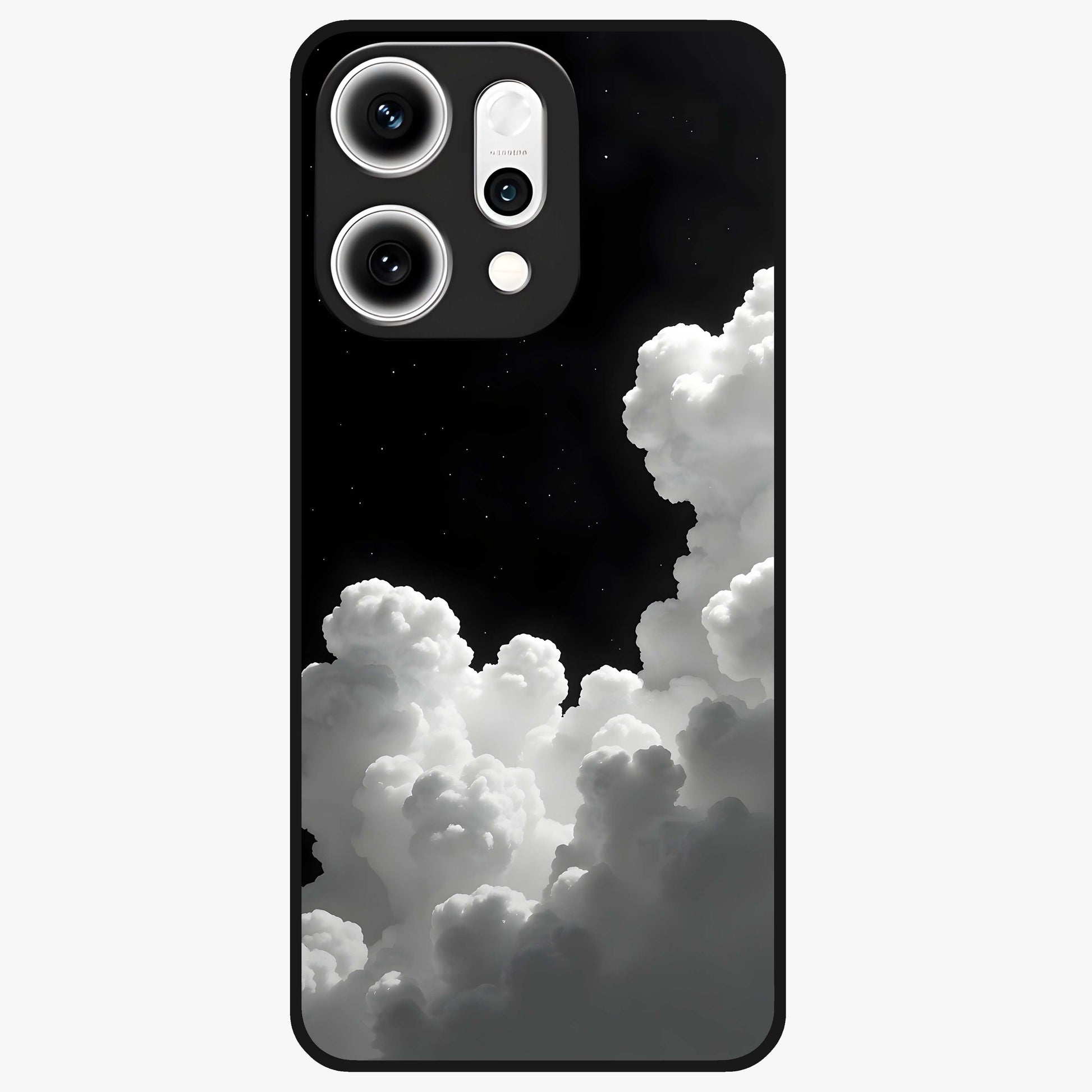 Black Background With White Cloud Glass Case showing flat back view with minimal cloud artwork on dark background and glossy glass finish.