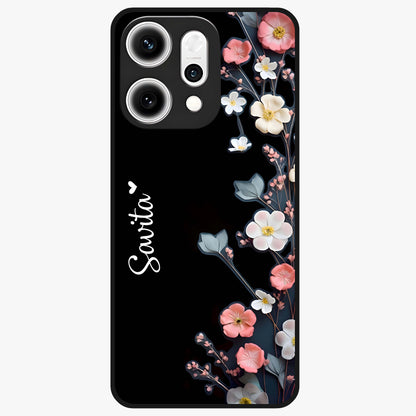 Black Elegance Floral Custom Name Glass Case showing flat back view with elegant floral artwork and personalized name design.