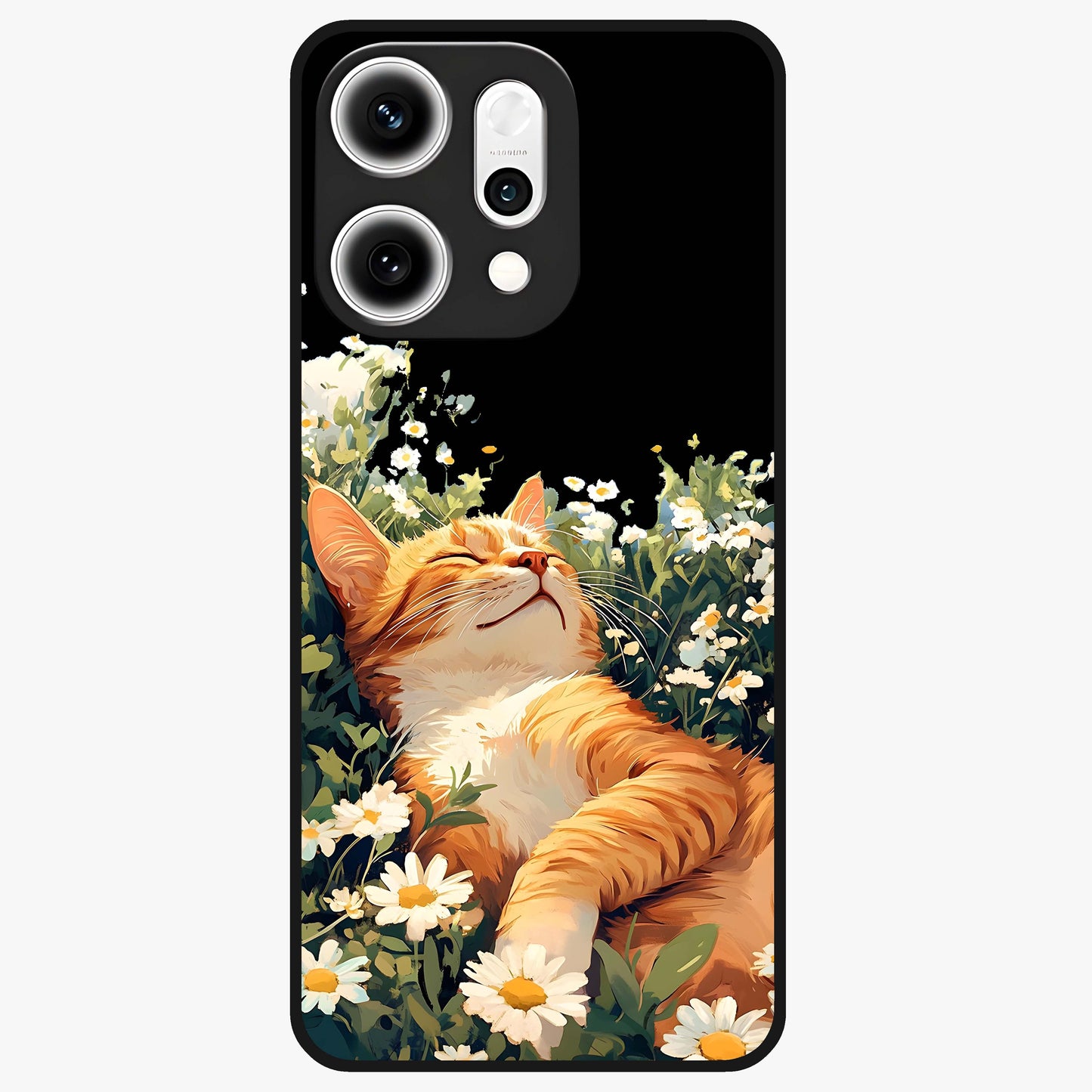 Blissful Bloom Cat Glass Case showing flat back view with cute cat and floral bloom artwork and glossy glass finish.