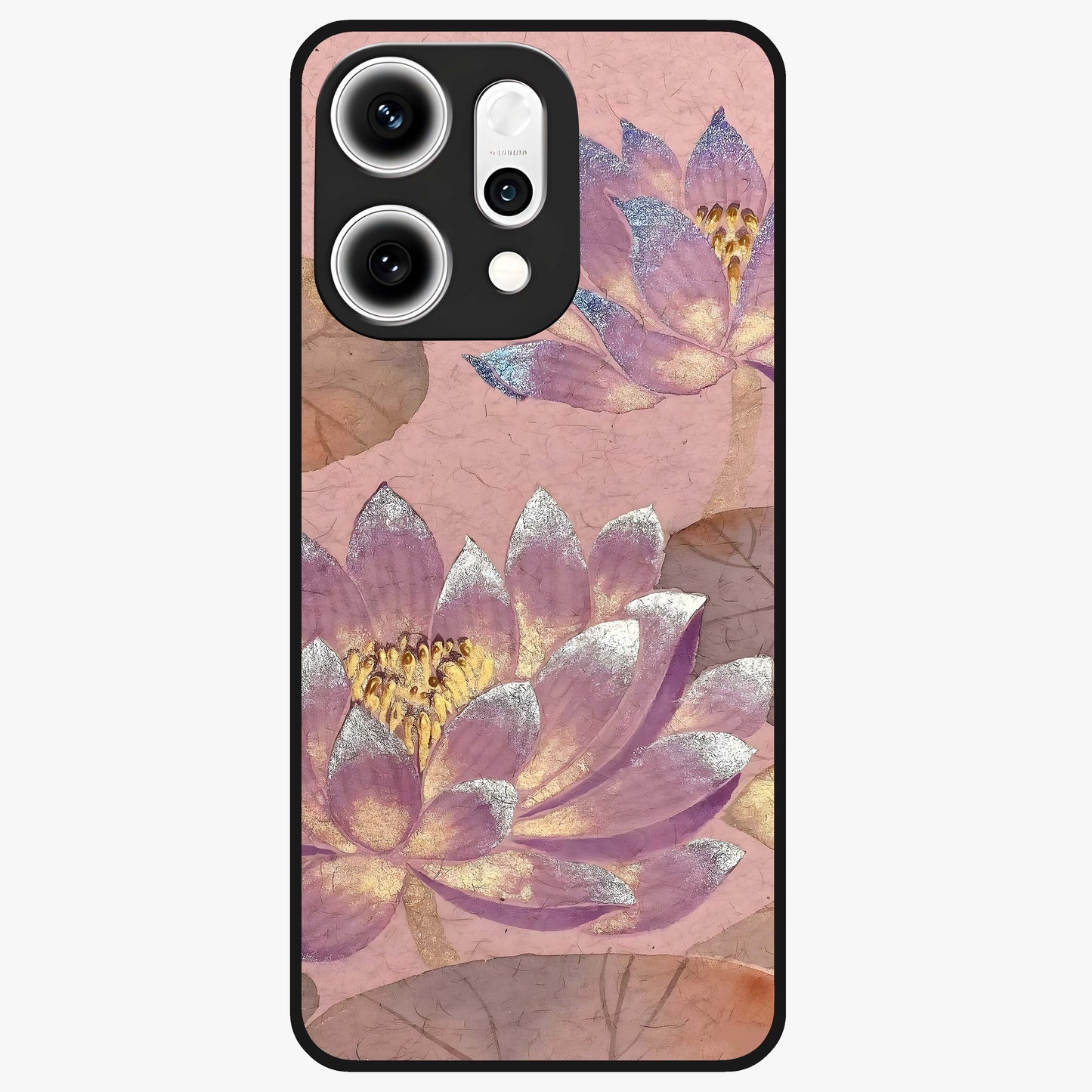 Blossom Mist Lotus Glass Case showing flat back view with serene lotus blossom artwork and glossy glass finish.