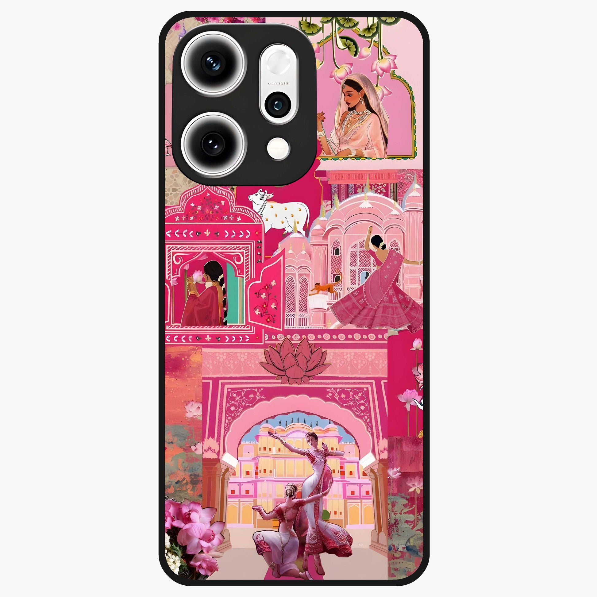 Blossoms of Rajasthan Glass Case showing flat back view with traditional floral artwork inspired by Rajasthan and glossy glass finish.