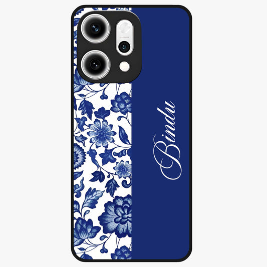 Blue Vintage Floral Pattern Glass Case upright view showcasing timeless floral illustration with vintage inspired style.