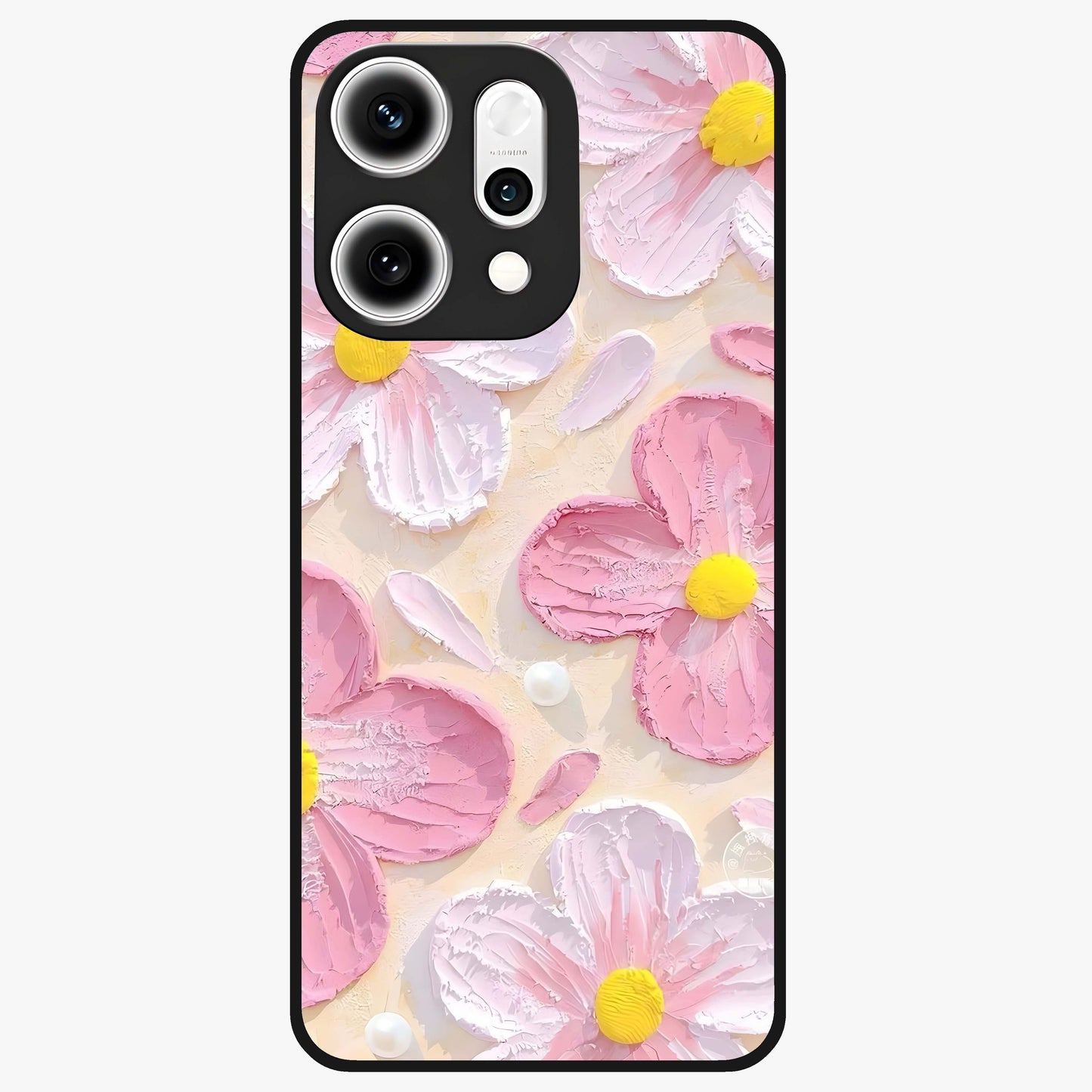 Blush Bloom Texture Glass Case showing flat back view with soft blush floral texture artwork and glossy glass finish.