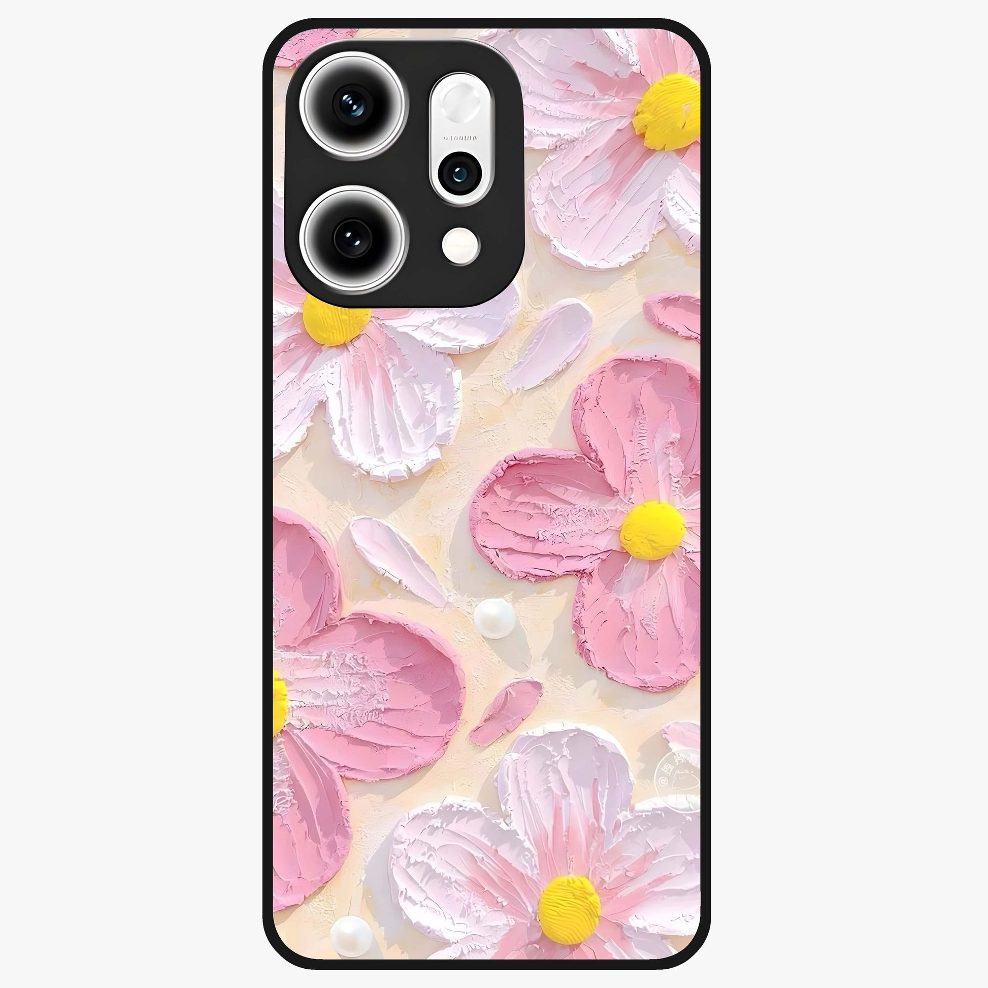 Blush Bloom Texture Glass Case showing flat back view with soft blush floral texture artwork and glossy glass finish.