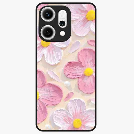 Blush Bloom Texture Glass Case showing flat back view with soft blush floral texture artwork and glossy glass finish.