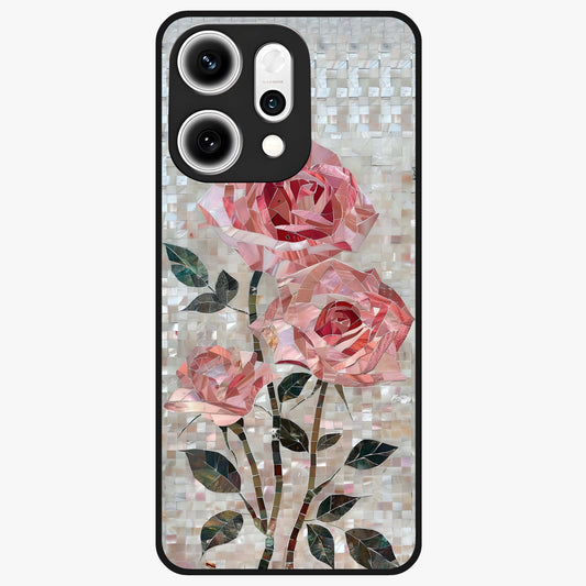 Blush Mosaic Bloom Glass Case showing flat back view with mosaic floral bloom artwork and glossy glass finish.