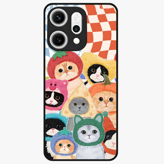 Cats in Fruits Glass Case showing flat back view with playful cat illustrations inside fruit artwork and glossy glass finish.