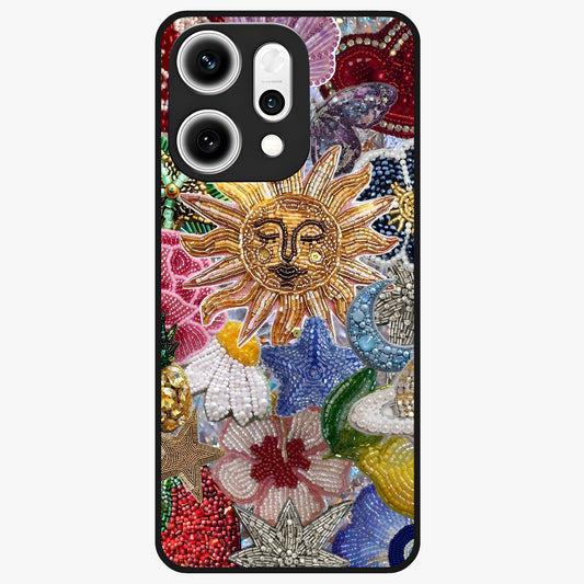 Celestial Floral and Playful Glass Case showing flat back view with floral and celestial themed artwork and glossy glass finish.