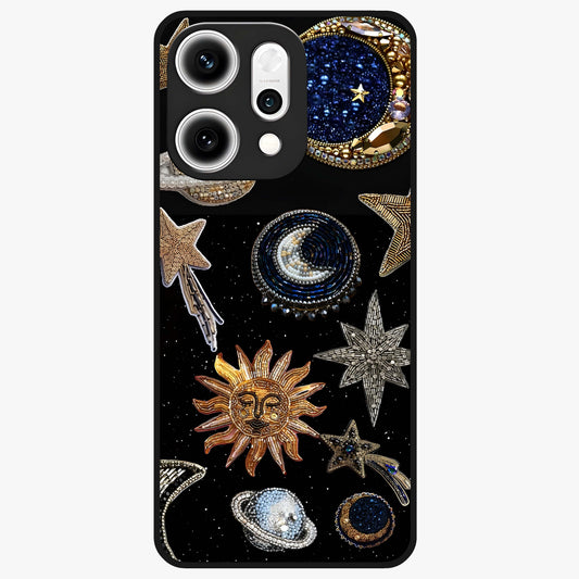 Celestial Gem Constellations Glass Case showing flat back view with sparkling constellation artwork and glossy glass finish.