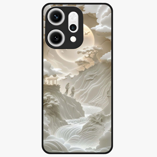 Celestial Origami Glass Case showing flat back view with artistic origami inspired celestial artwork and glossy glass finish.