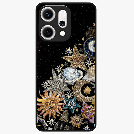 Cosmic Sparkle Dreams Glass Case showing flat back view with sparkling cosmic artwork and glossy glass finish.