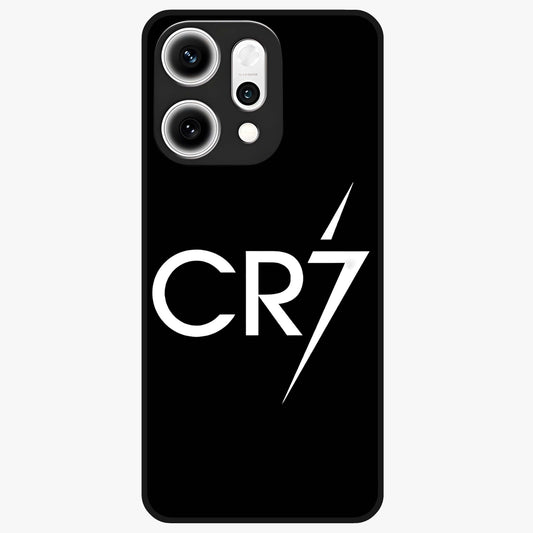 Cr7 Elite Strike Glass Case showing flat back view with dynamic football inspired artwork and glossy glass finish.