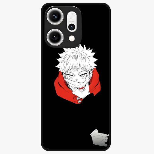 Crimson Chaos Smile Glass Case showing flat back view with bold chaotic smile artwork and glossy glass finish.