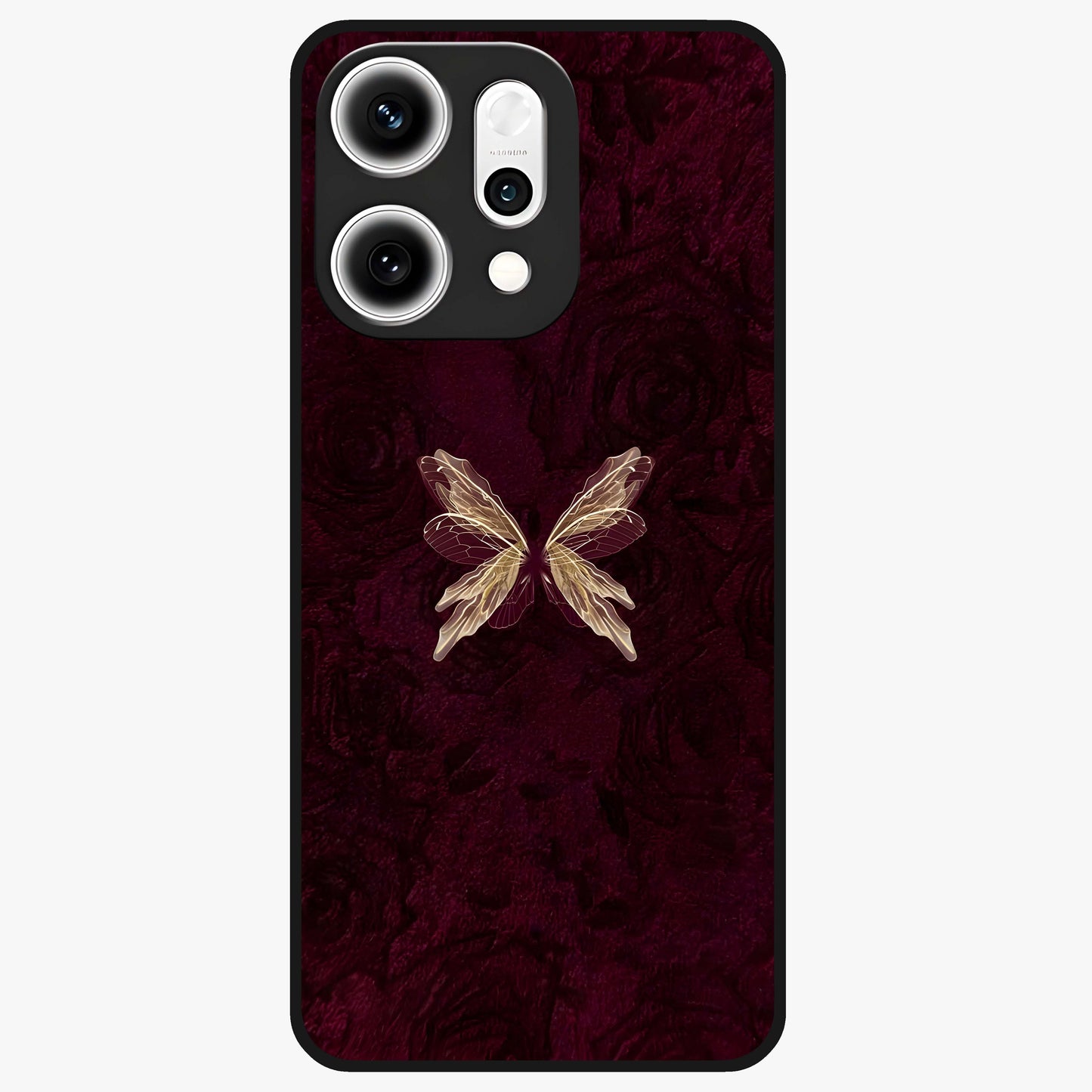 Crimson Fade Butterfly Glass Case showing flat back view with fading butterfly artwork and glossy glass finish.