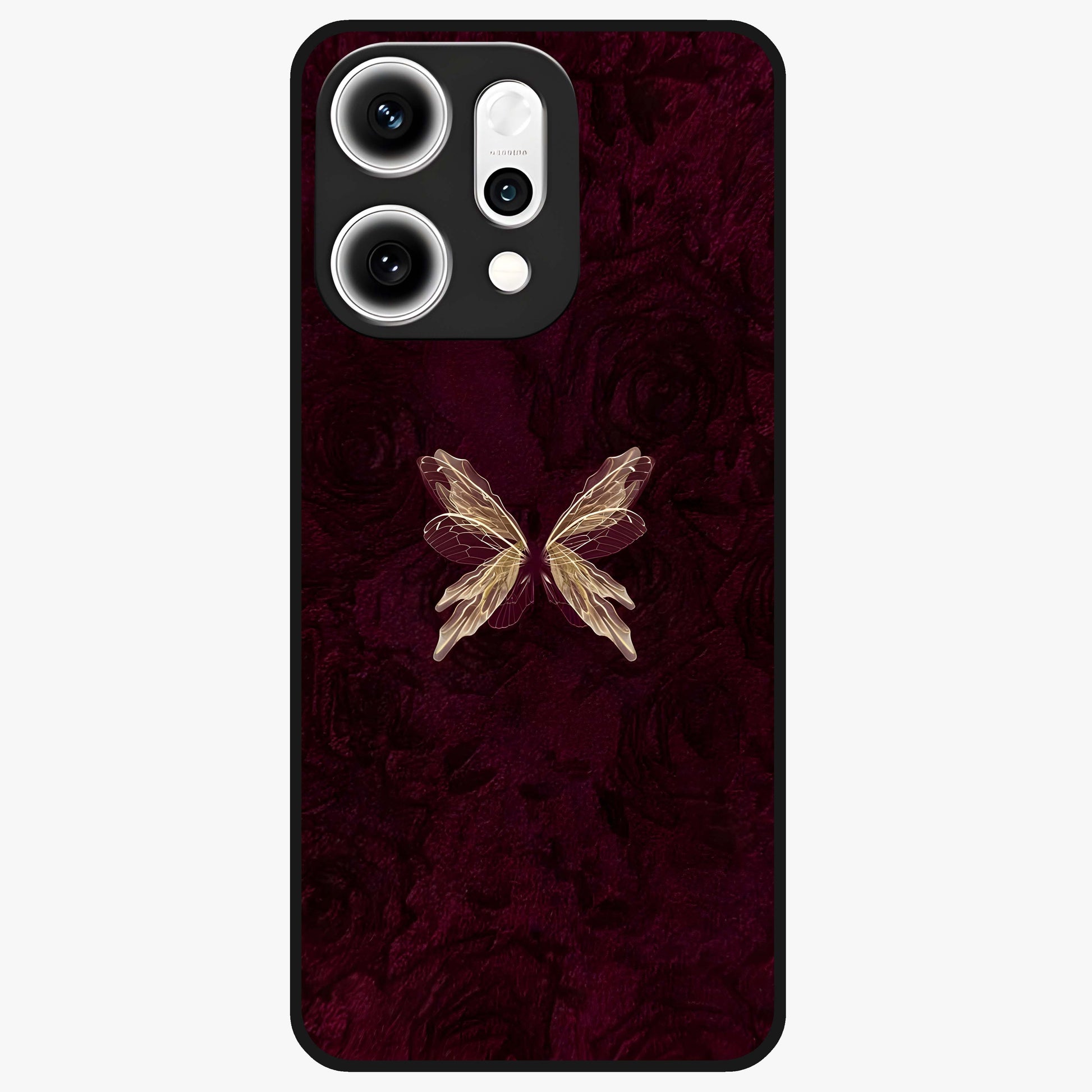 Crimson Fade Butterfly Glass Case showing flat back view with fading butterfly artwork and glossy glass finish.