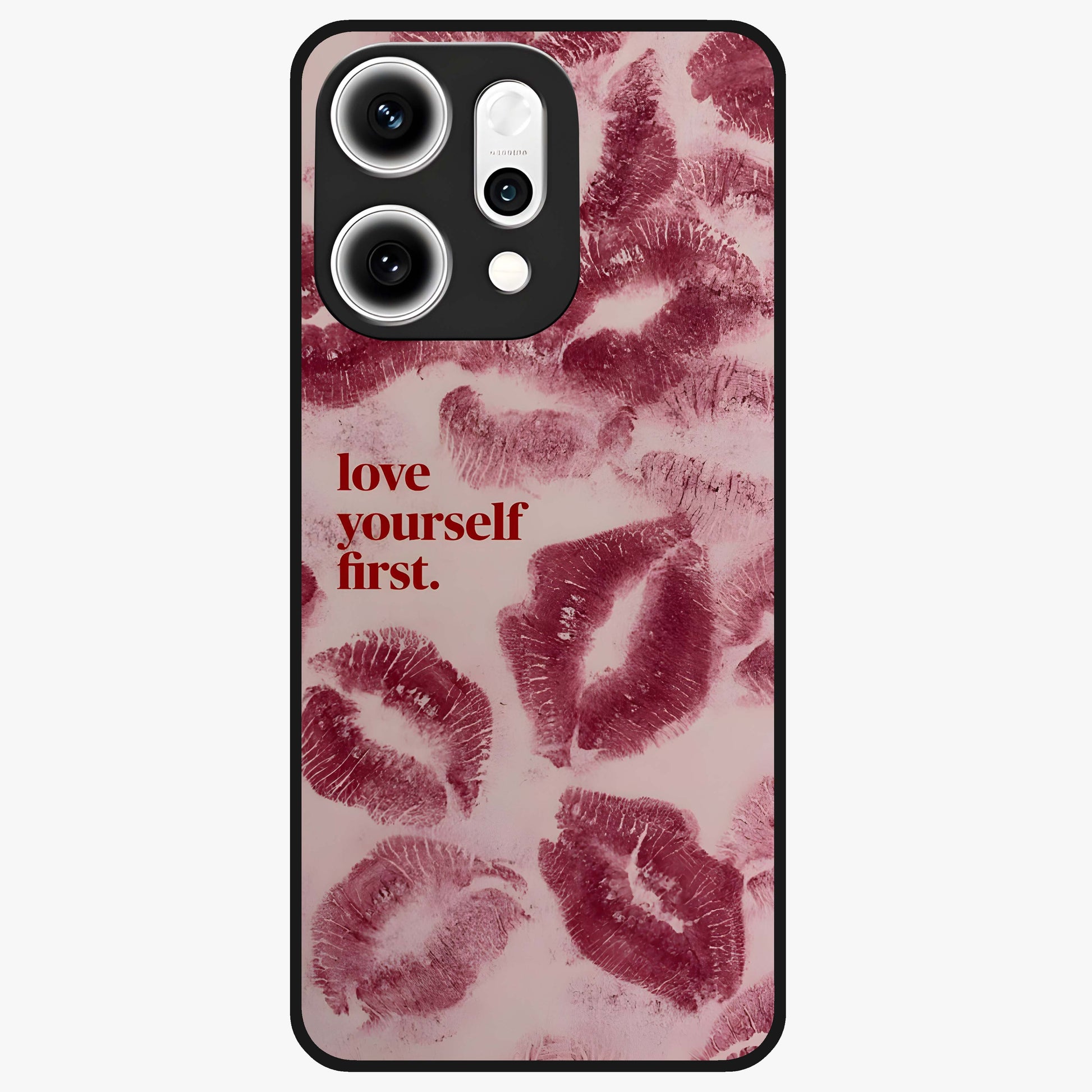 Crimson Kiss Love Glass Case showing flat back view with romantic crimson themed artwork and glossy glass finish.