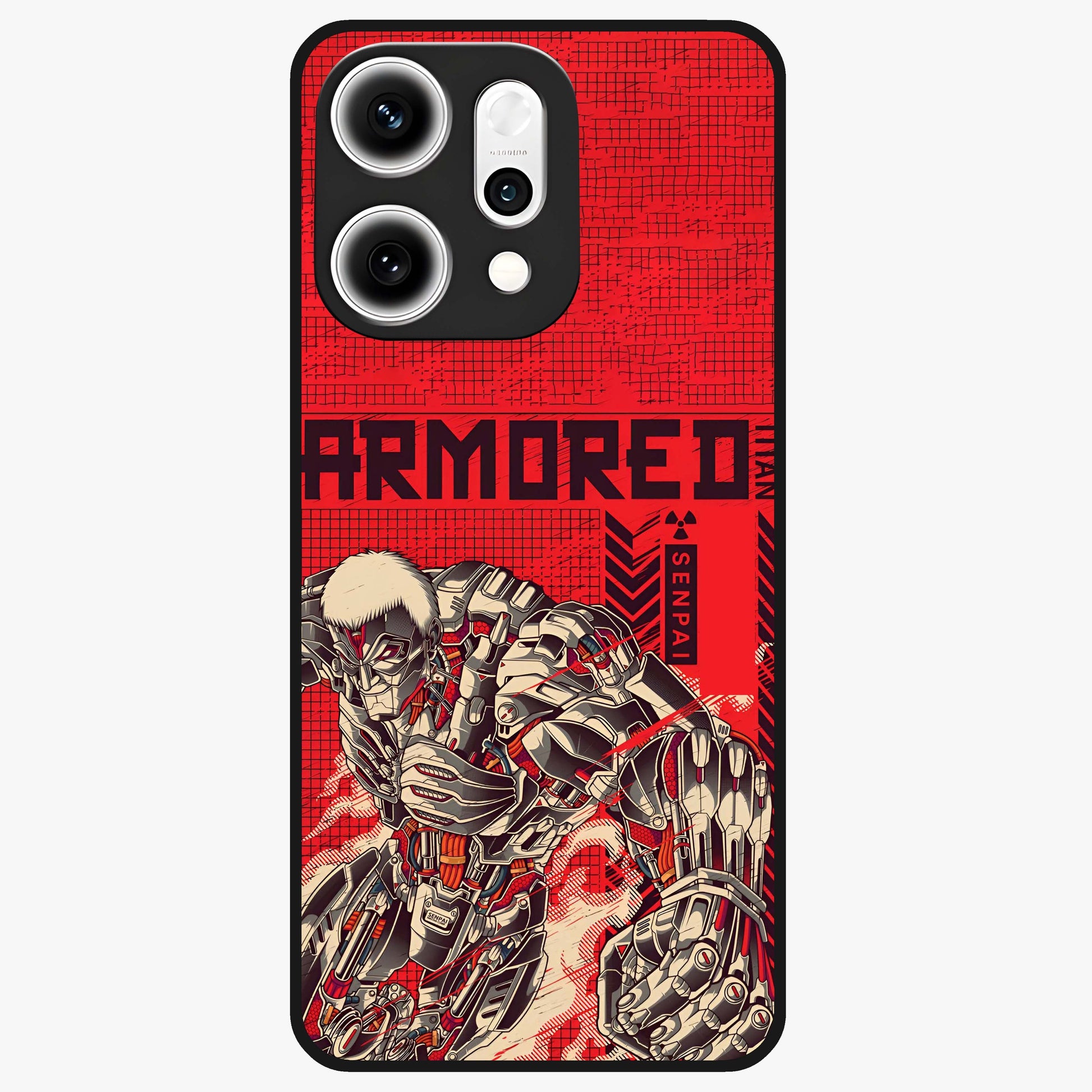 Crimson Mecha Titan Glass Case showing flat back view with powerful mech titan artwork and glossy glass finish.