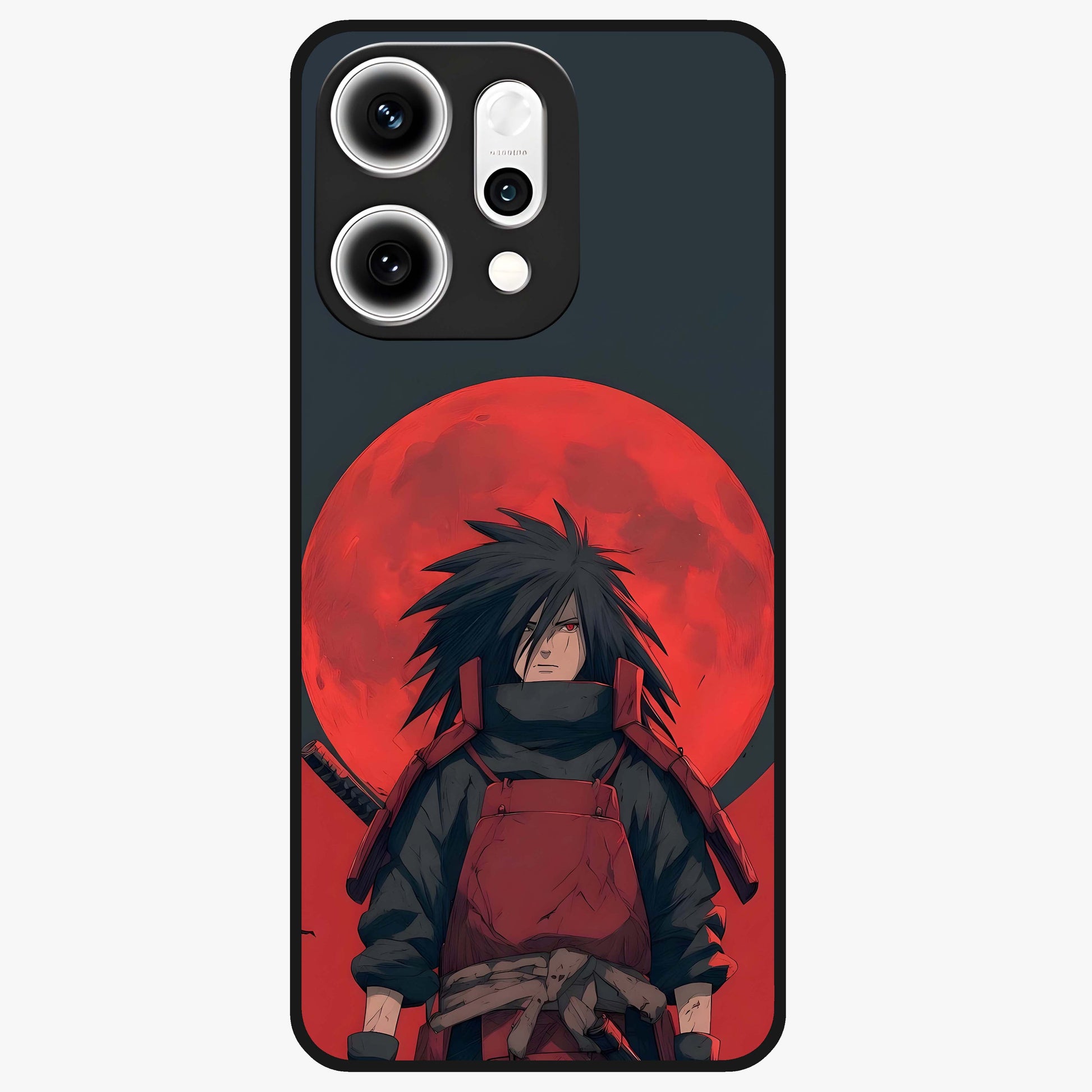 Crimson Moon Warlord Glass Case showing flat back view with mystical moon warrior artwork and glossy glass finish.