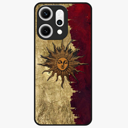 Crimson Sun Majesty Glass Case showing flat back view with radiant sun inspired artwork and glossy glass finish.