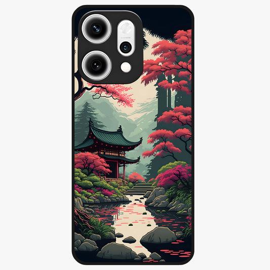 Crimson Temple View Glass Case showing flat back view with temple inspired artwork and glossy glass finish.
