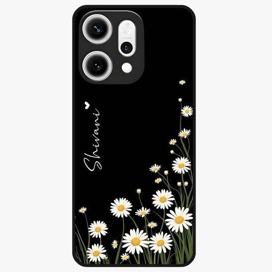Daisy Cascade Custom Name Glass Case showing flat back view with cascading daisy flowers and personalized name design.