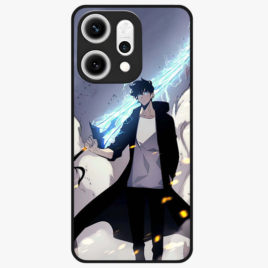 Dark Lightning Anime Warrior Glass Case showing flat back view with intense anime warrior artwork and glossy glass finish.