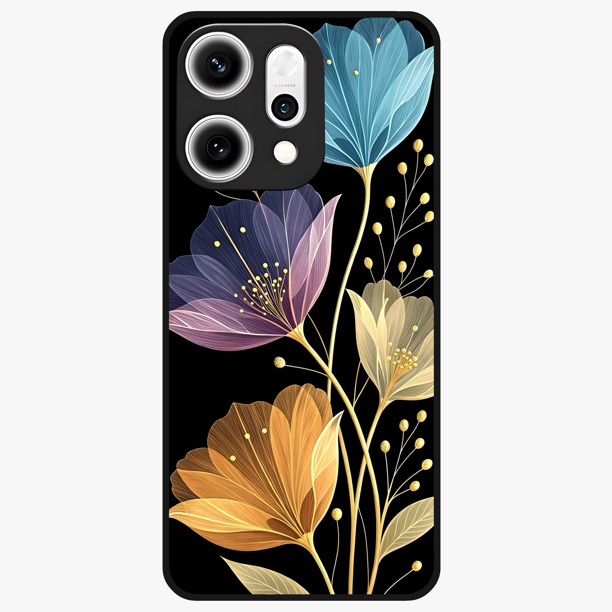 Delicate Multicolor Flowers Glass Case showing flat back view with vibrant floral artwork and glossy glass finish.