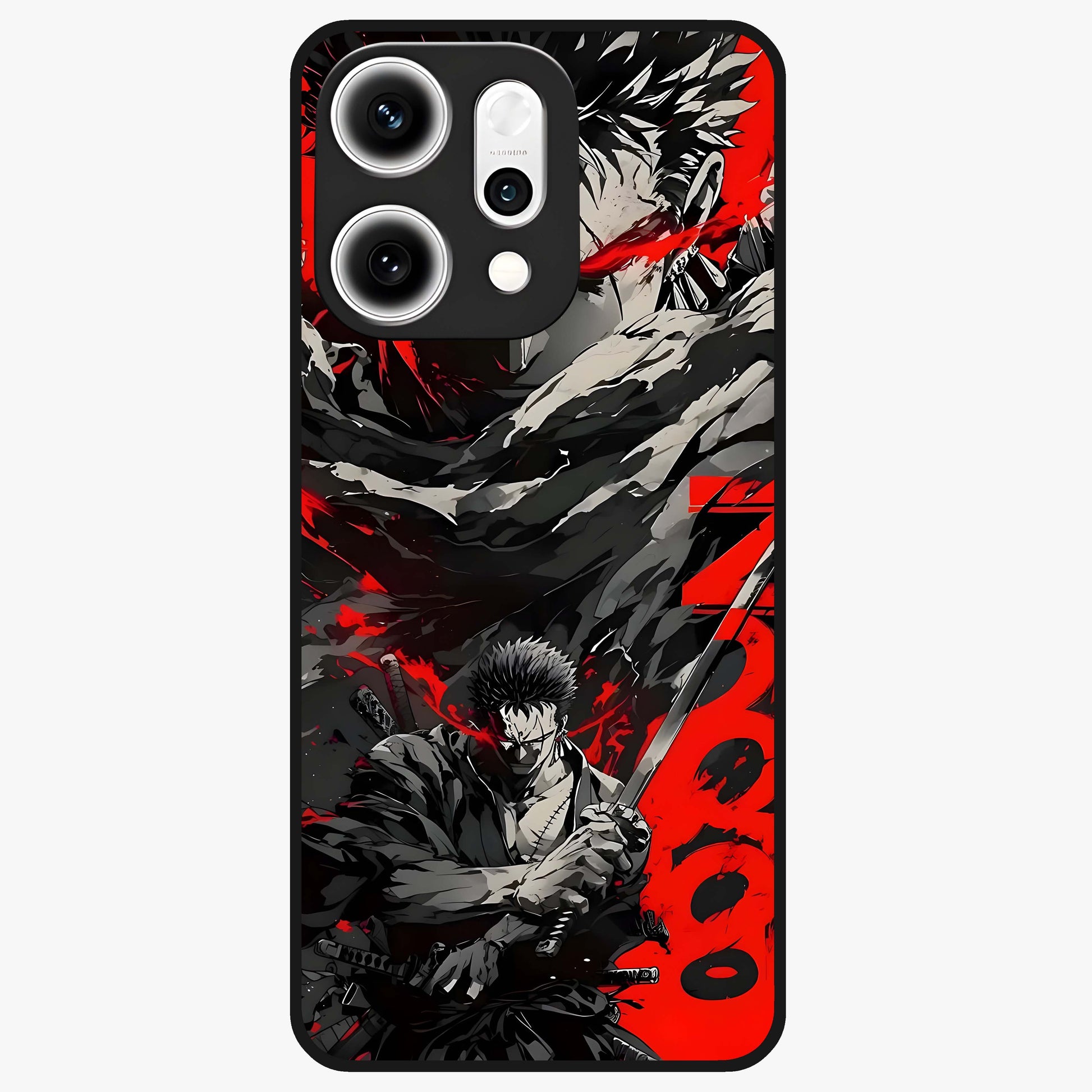 Demon Sword Resolve Glass Case showing flat back view with fierce sword warrior artwork and glossy glass finish.