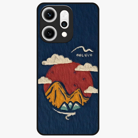 Dream Beyond Mountains Glass Case showing flat back view with scenic mountain landscape artwork and glossy glass finish.