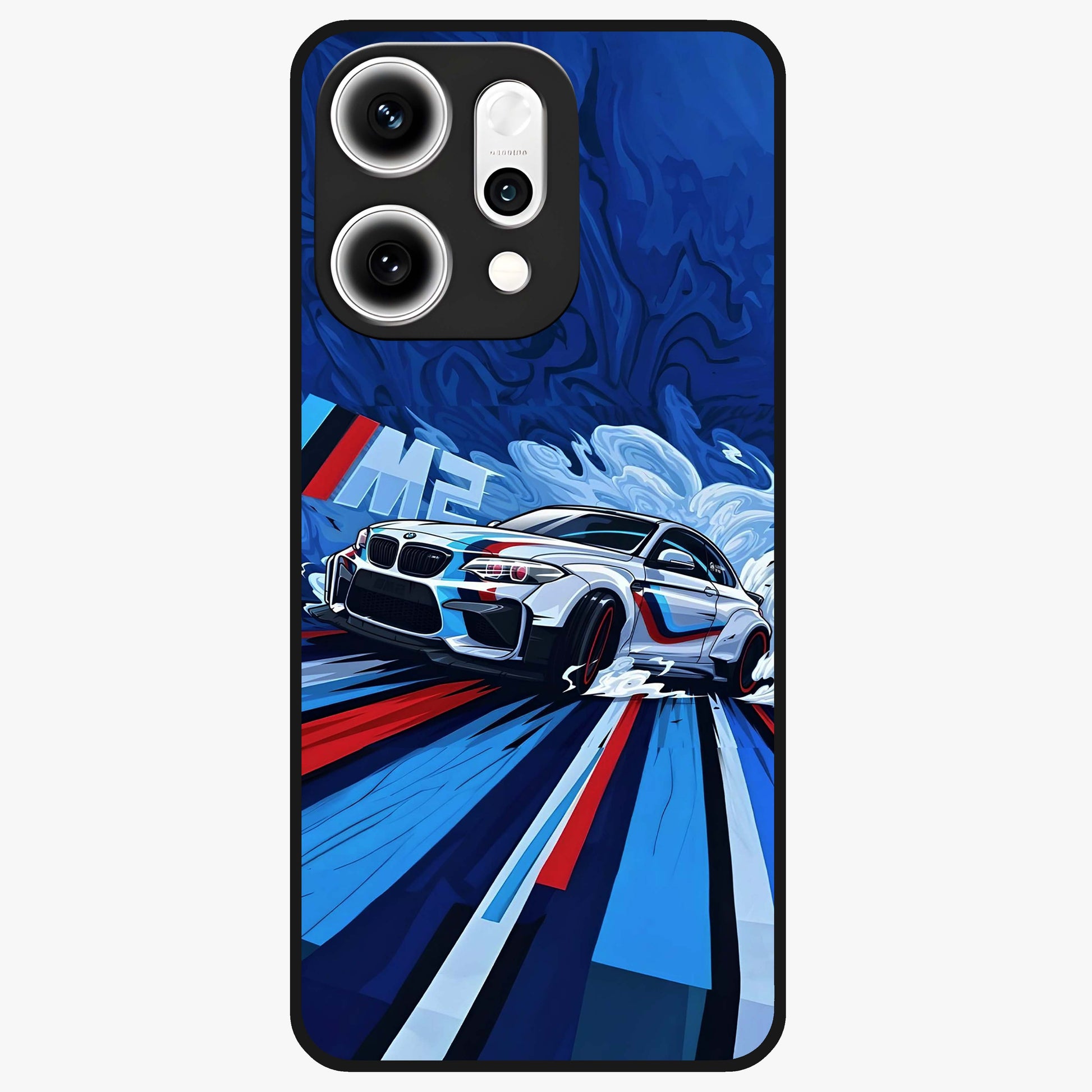 Drift Power Rush Glass Case showing flat back view with dynamic racing inspired artwork and glossy glass finish.