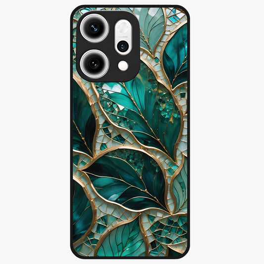 Emerald Leaf Glass Glass Case showing flat back view with emerald green leaf artwork and glossy glass finish.