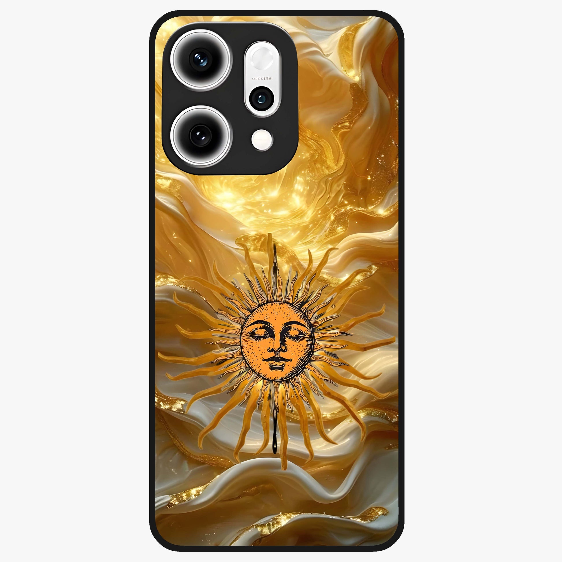 Eternal Golden Glow Glass Case showing flat back view with radiant golden themed artwork and glossy glass finish.