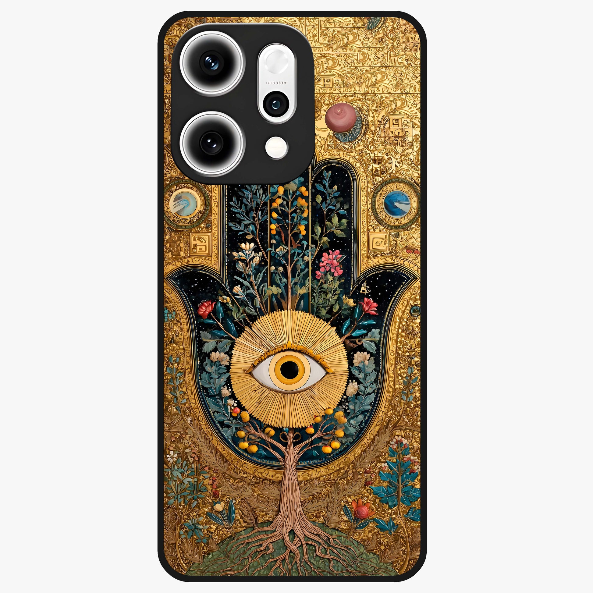 Ethereal Evil Eye Glass Case showing flat back view with mystical evil eye artwork and glossy glass finish.
