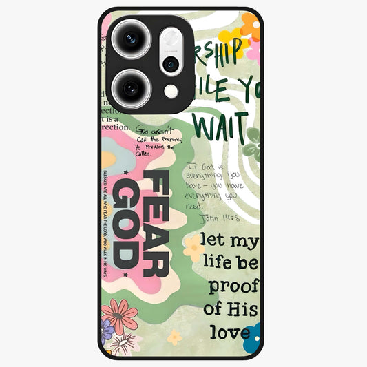 Faith Over Fear Glass Case showing flat back view with motivational typography artwork and glossy glass finish.