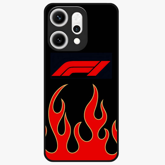 Fire F11 Glass Case showing flat back view with fiery themed artwork and glossy glass finish.
