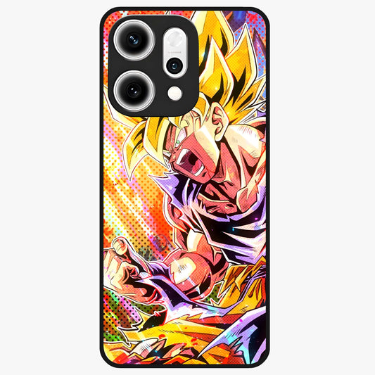 Firing Goku Glass Case showing flat back view with powerful anime inspired artwork and glossy glass finish.
