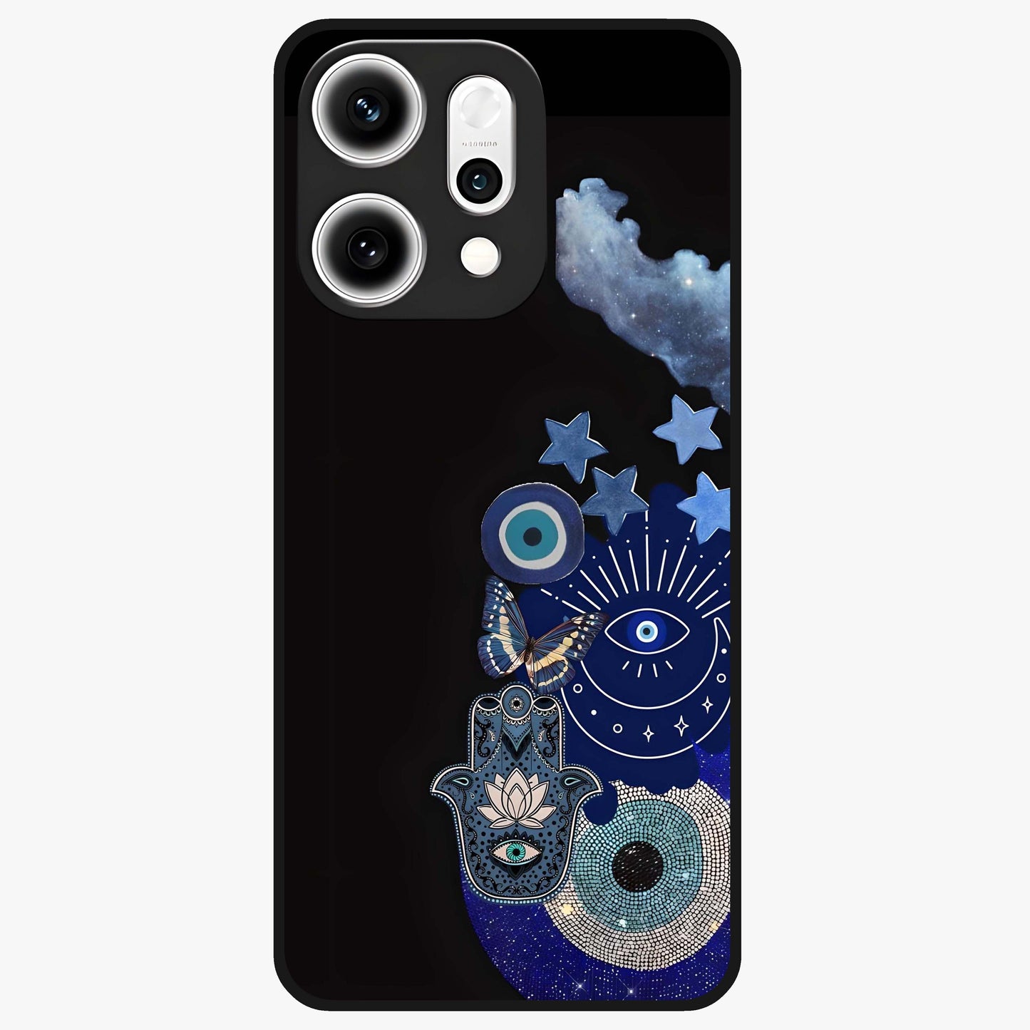 Galactic Charm Cluster Glass Case showing flat back view with glowing celestial charm artwork and glossy glass finish.