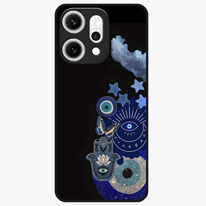 Galactic Charm Cluster Glass Case showing flat back view with glowing celestial charm artwork and glossy glass finish.