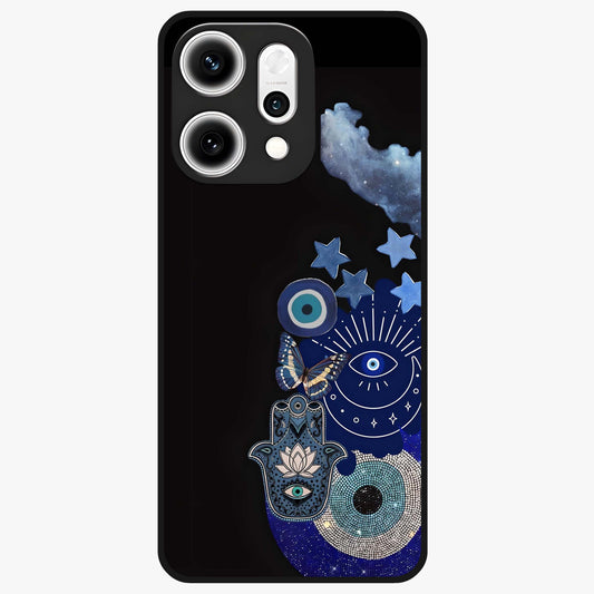 Galactic Charm Cluster Glass Case showing flat back view with glowing celestial charm artwork and glossy glass finish.