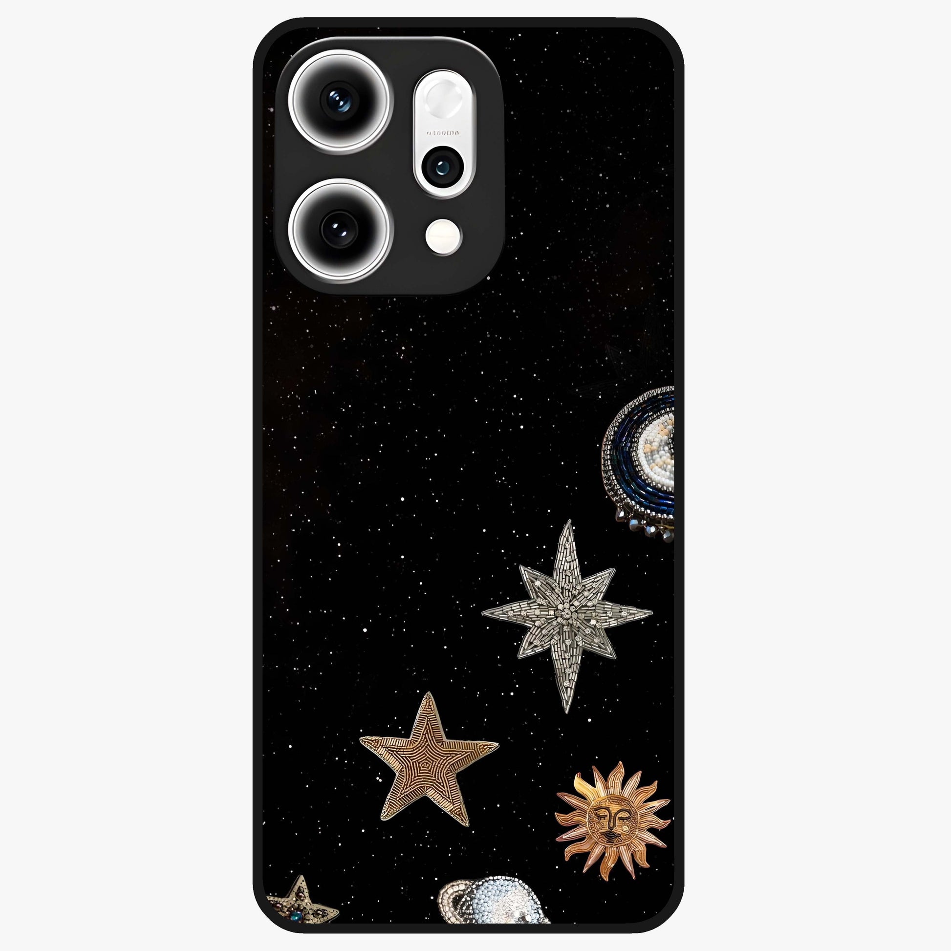 Galactic Charm Glow Glass Case showing flat back view with glowing celestial charm artwork and glossy glass finish.