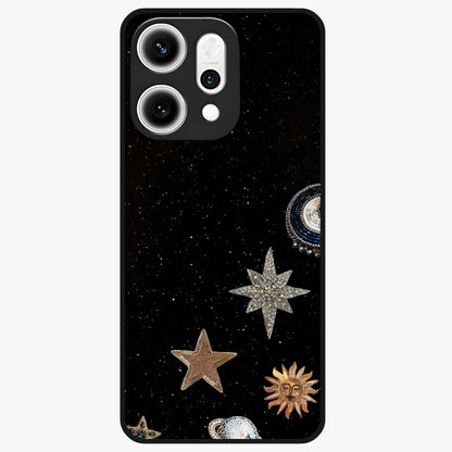 Galactic Charm Glow Glass Case showing flat back view with glowing celestial charm artwork and glossy glass finish.
