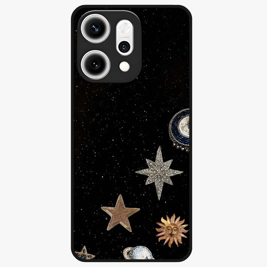 Galactic Charm Glow Glass Case showing flat back view with glowing celestial charm artwork and glossy glass finish.