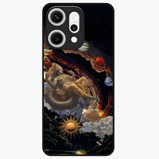Galactic Divine God Glass Case showing flat back view with divine cosmic themed artwork and glossy glass finish.